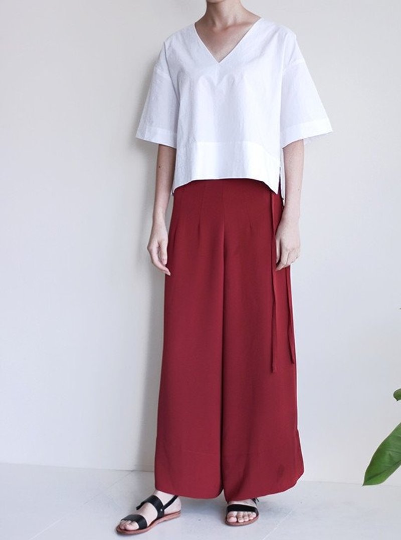 暗红色腰绑带宽裤(展示品出清) - 女装长裤 - 丝．绢 