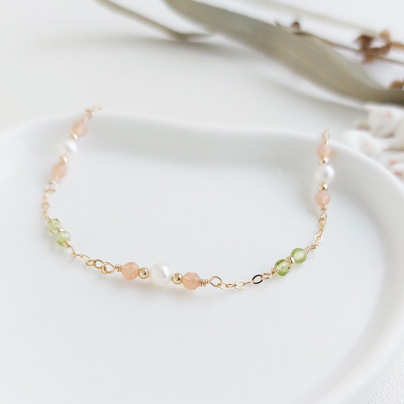 淡水珍珠 + 金太阳石 + 橄榄石 x 14KGF手链 - 手链/手环 - 半宝石 橘色