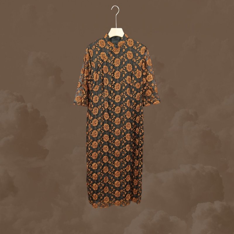 二手 咖啡黑 药果花纹 网状绣花 古董订制 短袖 旗袍 CA1125 - 洋装/连衣裙 - 聚酯纤维 咖啡色