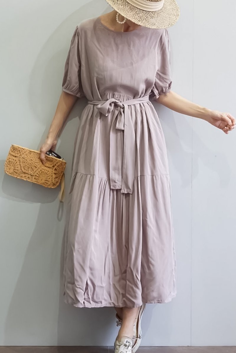 亚麻宽松圆领/时尚腰带短袖连衣裙/孕妇装 - 洋装/连衣裙 - 棉．麻 粉红色