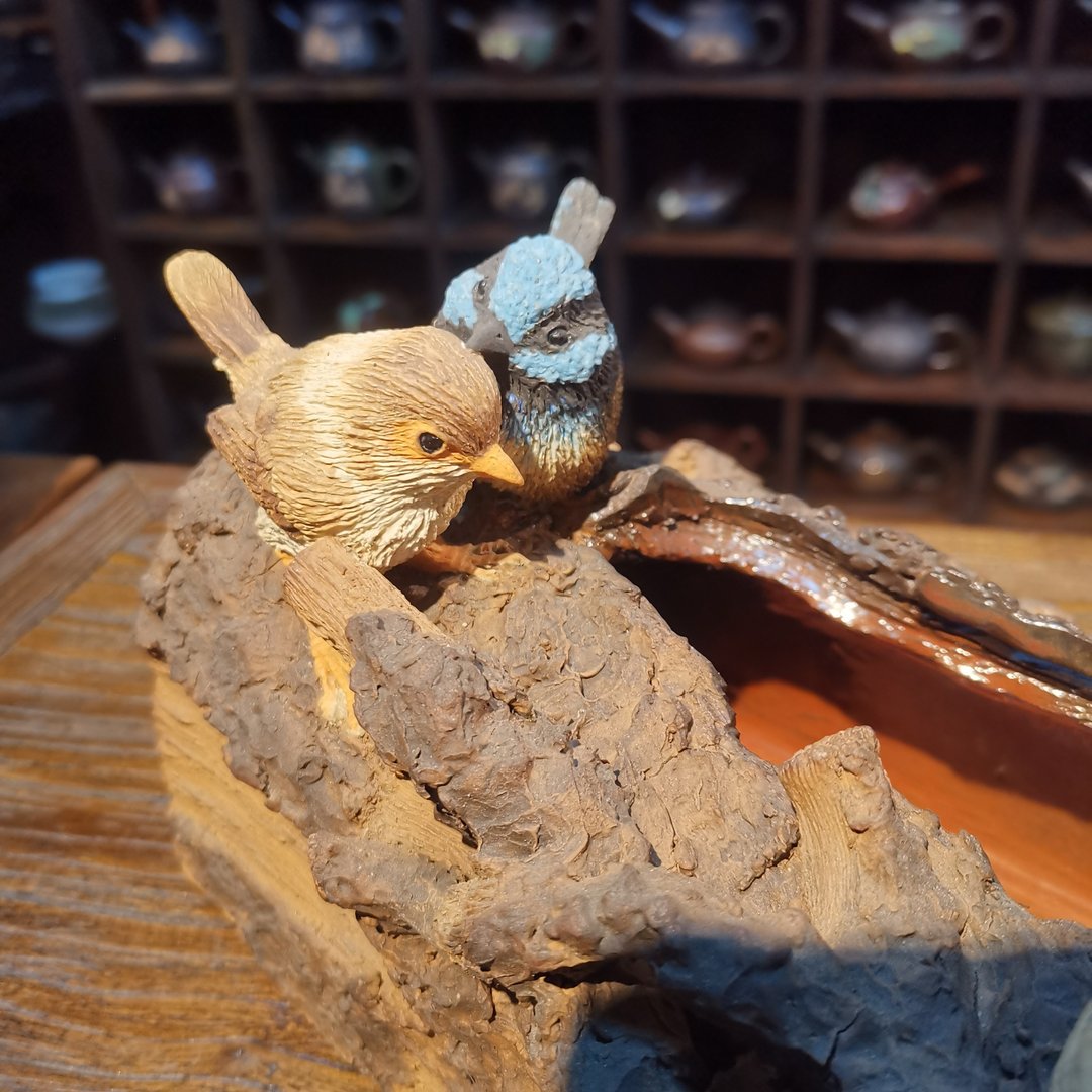 手工花器-辉蓝细尾鹩莺 - 花瓶/陶器 - 陶 