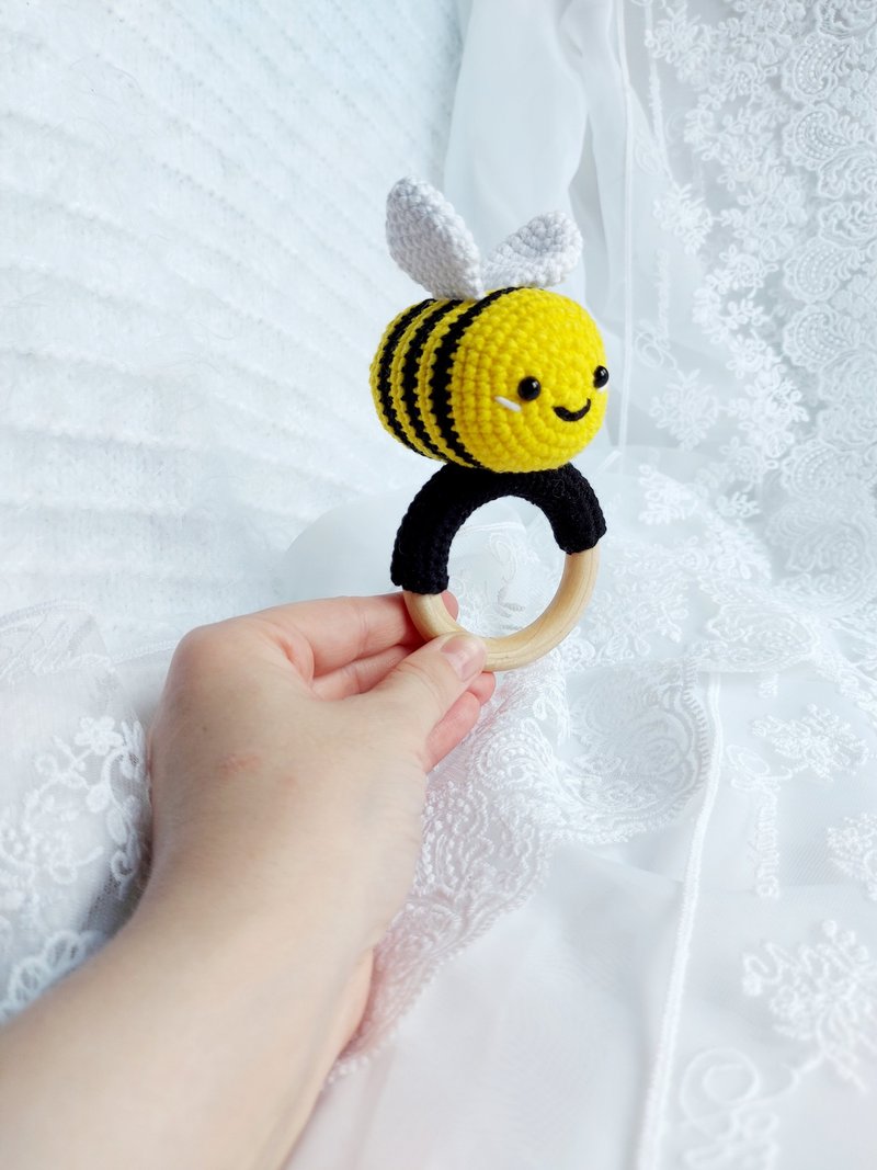 拨浪鼓大黄蜂钩针拨浪鼓木环拨浪鼓针织拨浪鼓牙胶 - 玩具/玩偶 - 绣线 黄色