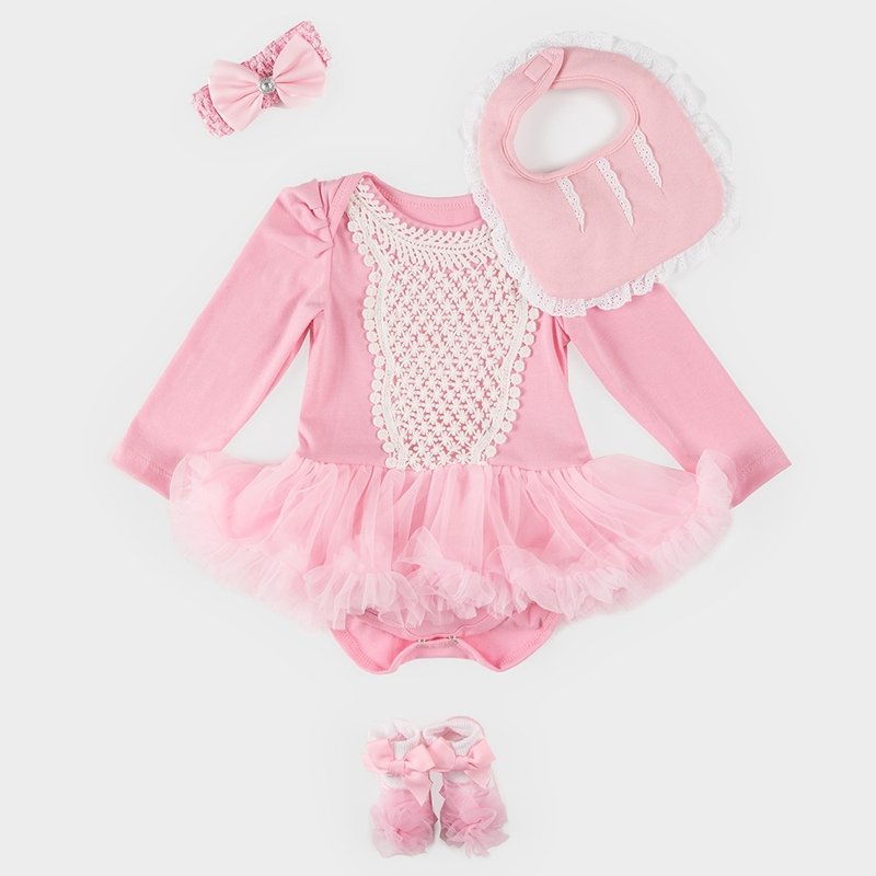 女婴雪纺蓬蓬裙连身衣礼盒–奥罗拉(衣+围兜+宝宝袜) - 满月礼盒 - 棉．麻 粉红色