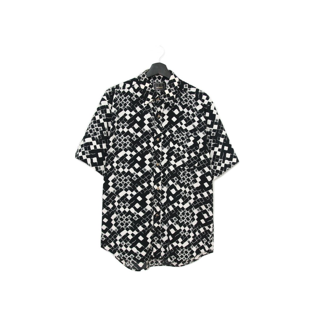 Back to Green- 短袖花衬衫 黑白 格纹交错 ss-35 vintage shirt - 男装衬衫 - 丝．绢 