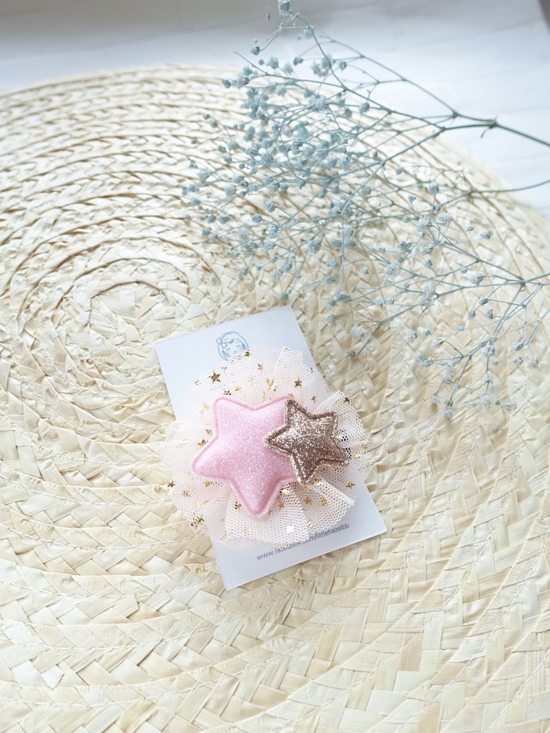 儿童发饰。闪亮网纱星星发夹 浏海夹 (粉红+金) - 其他 - 其他材质 