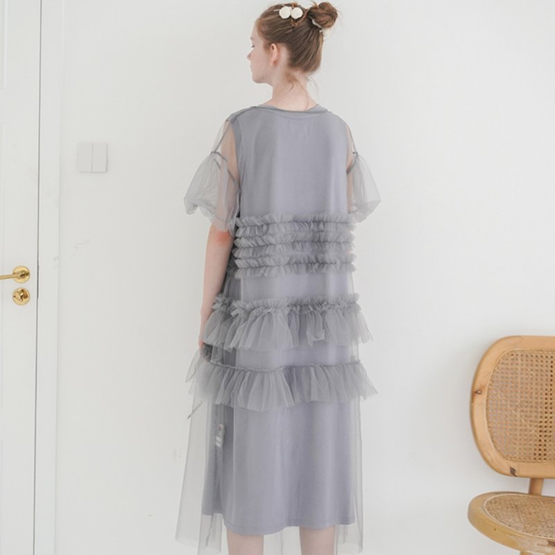 灰色网纱连身裙 - imakokoni - 洋装/连衣裙 - 棉．麻 灰色