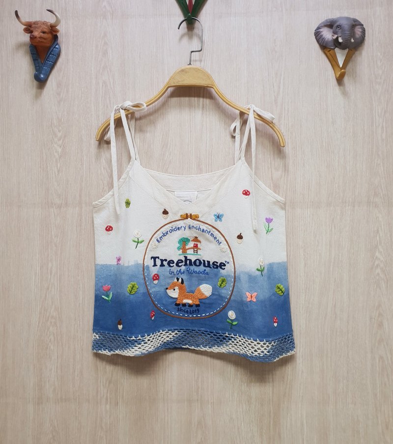 手工刺绣衬衫、棉麻面料、狐狸、花 - 女装上衣 - 绣线 蓝色