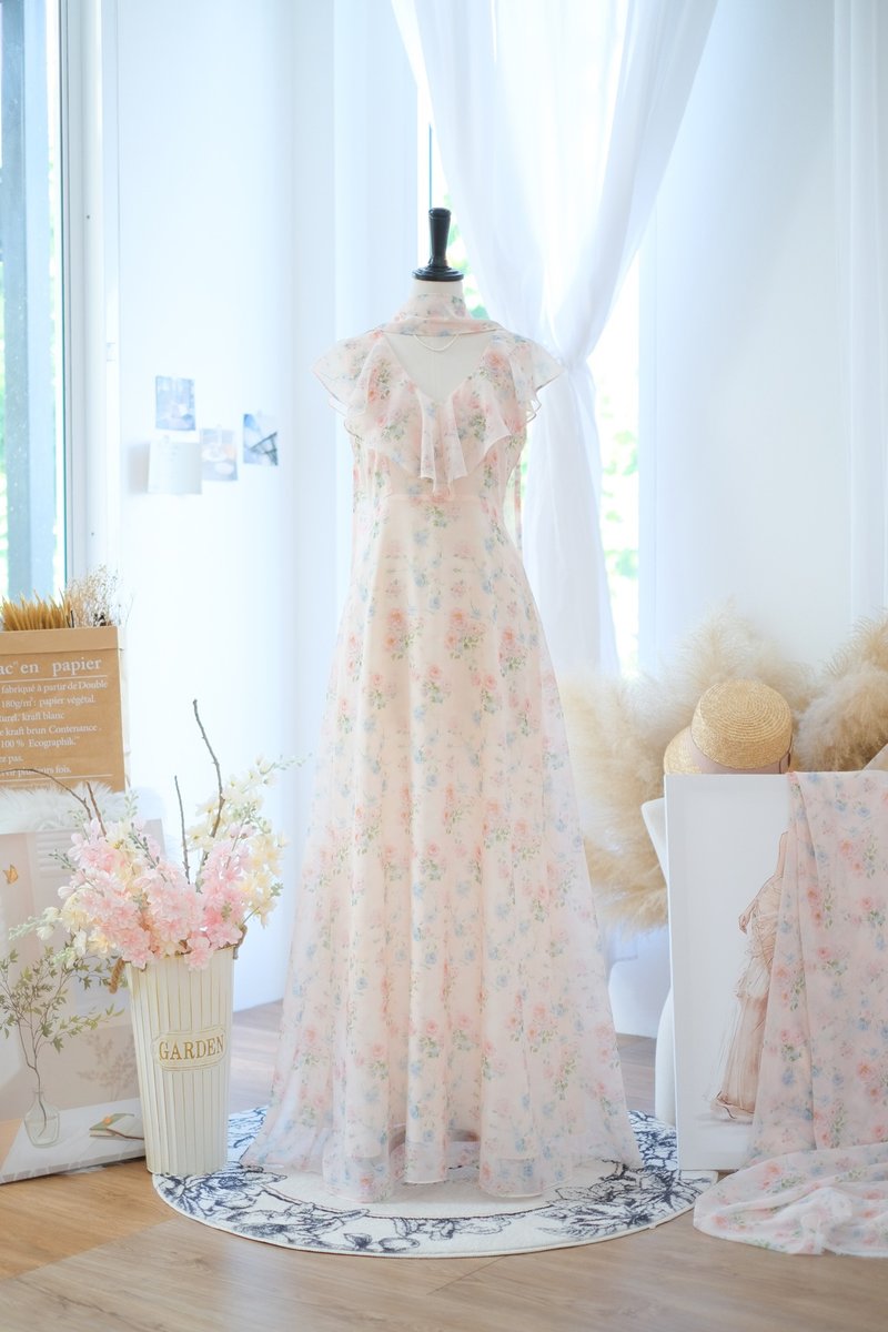 礼服｜绑结设计｜长洋装｜淡粉色｜碎花图案 - 洋装/连衣裙 - 聚酯纤维 粉红色
