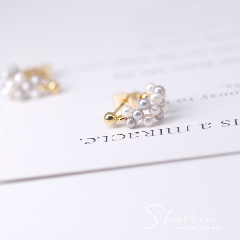 天然灰白珍珠编织耳圈 迷你珍珠编织 条纹设计 天然石耳坠 轻珠宝 - 耳环/耳夹 - 珍珠 银色