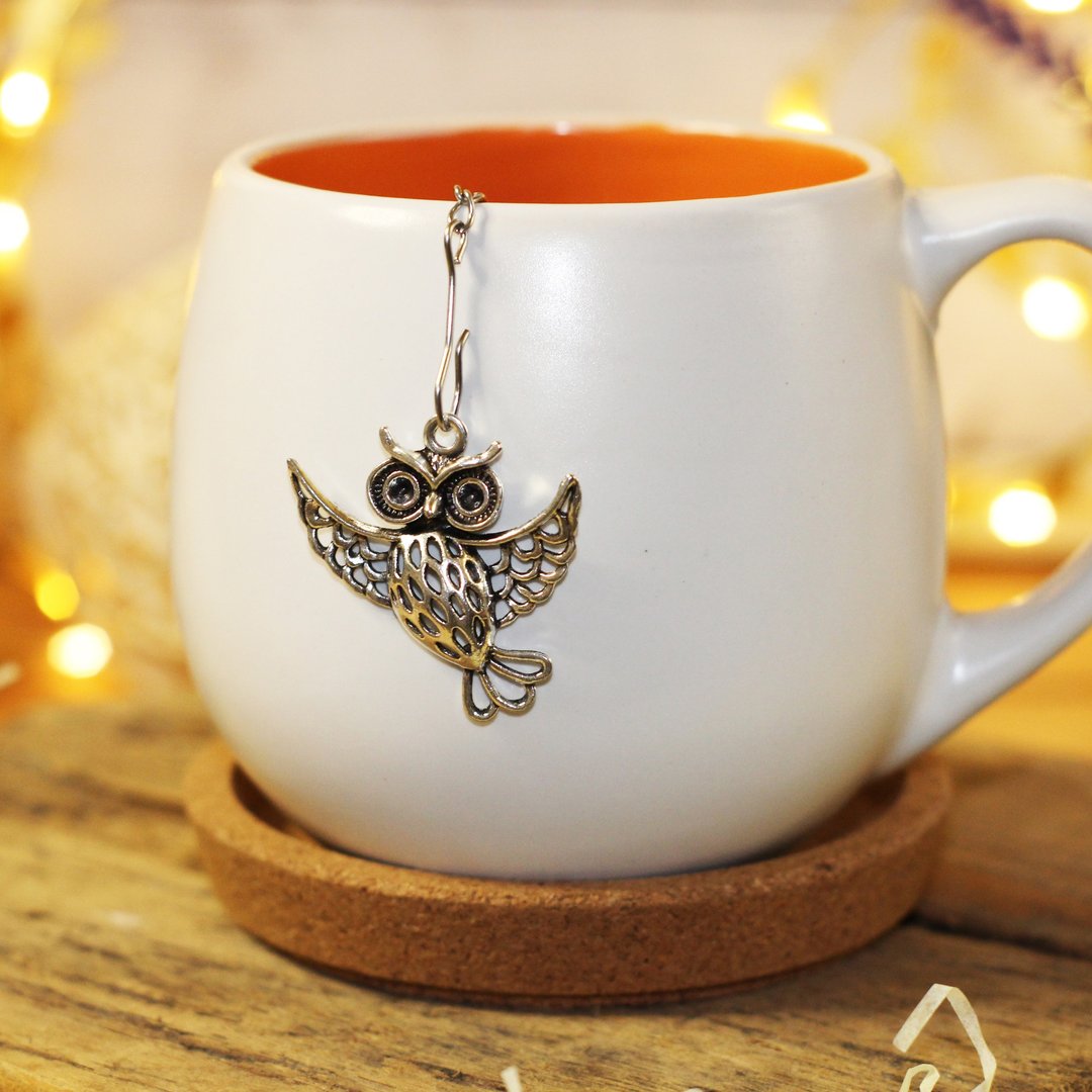 Owl tea infuser for loose leaf tea, Tea strainer with owl charm, Tea Steeper owl - 茶具/茶杯 - 不锈钢 银色