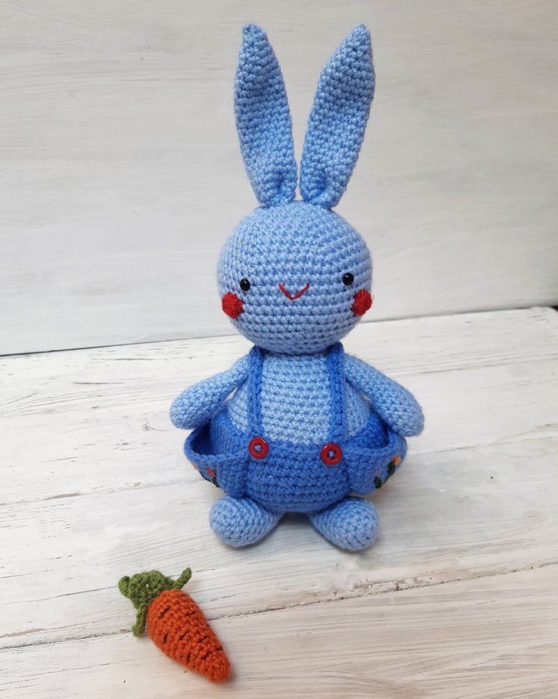 Hand Crochet Funny Rabbit Bunny with a Big Pockets Plush Toys Stuffed Toys Gift - 玩具/玩偶 - 压克力 蓝色