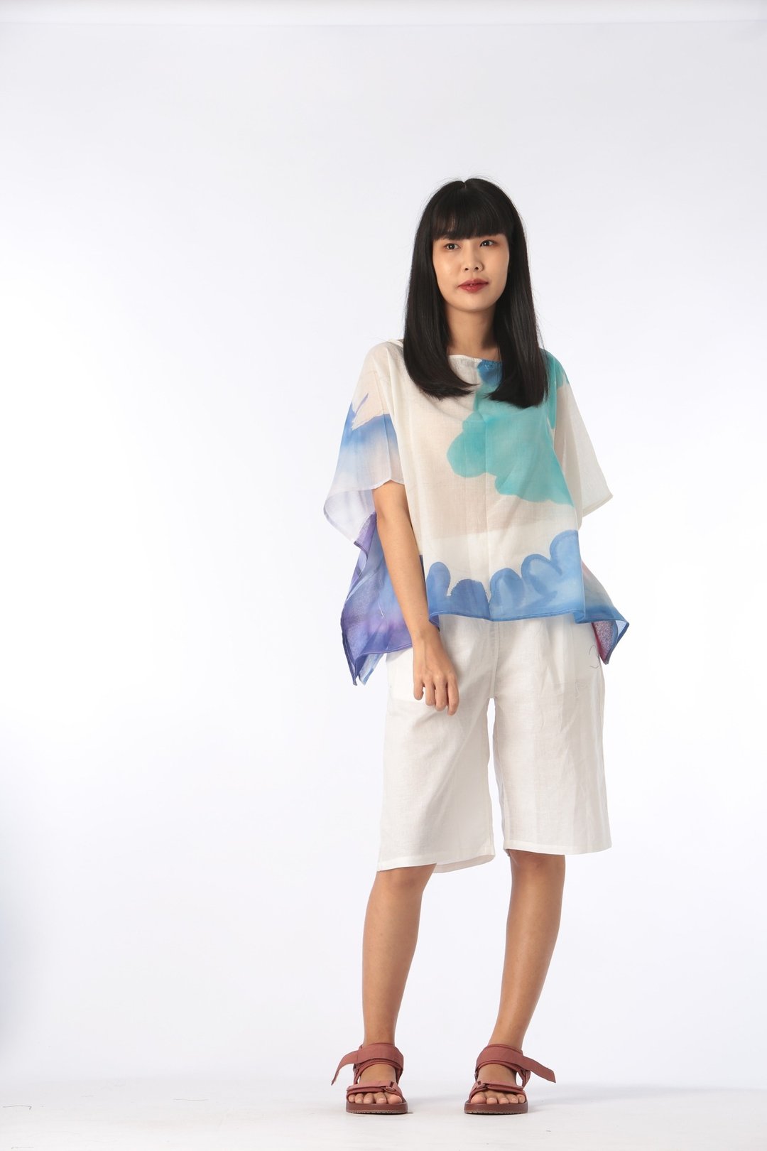 Poncho Blouse Cotton Voile Hand paint For Summer Beach Vacat - 女装上衣 - 棉 白色