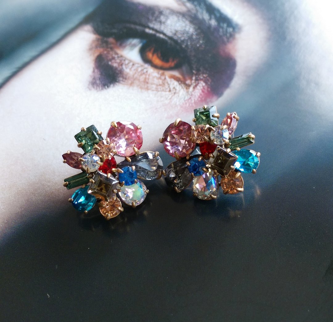 【西洋古董饰品 】J CREW 缤纷彩色花钻 针式耳环 - 耳环/耳夹 - 其他金属 金色