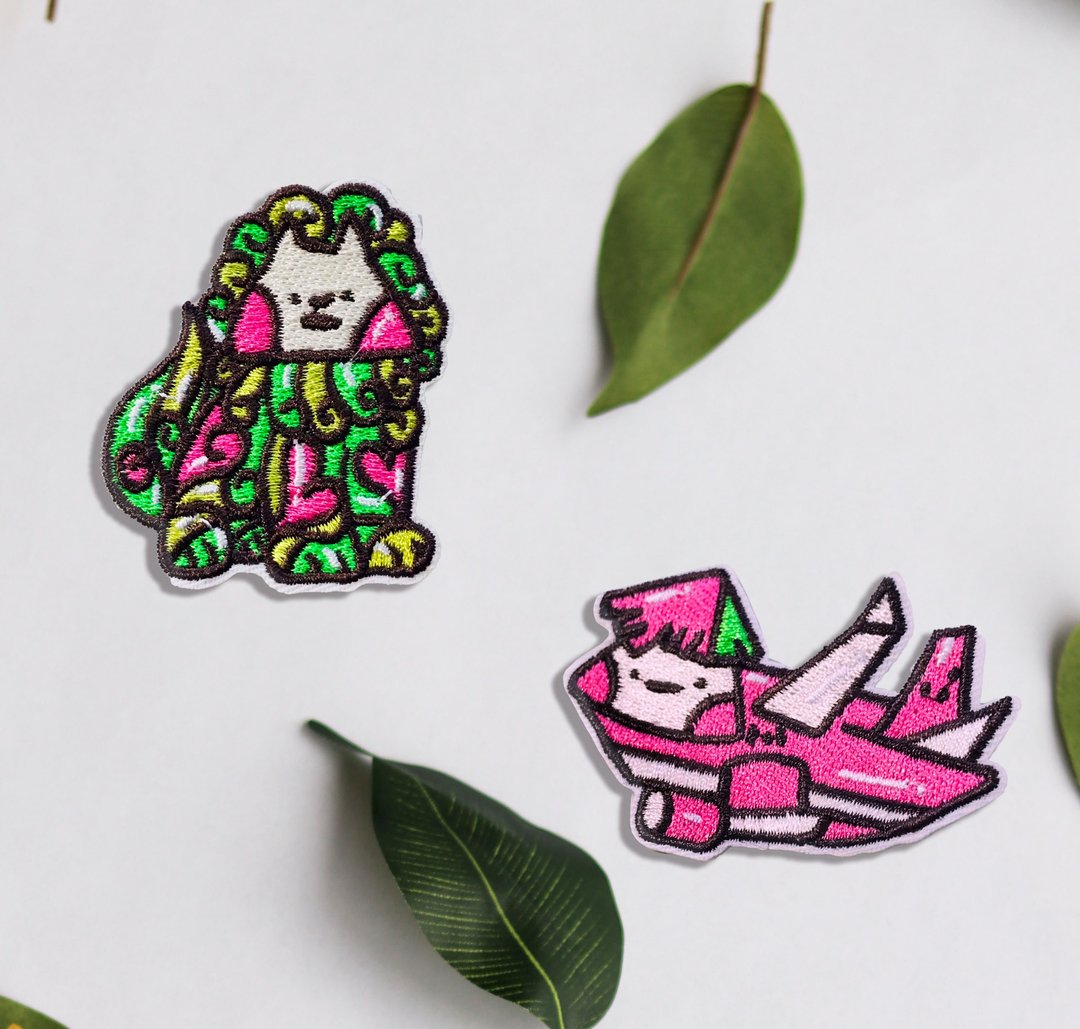 Pinkreen 原创插画 小卷喃喃 小犬嗷嗷 刺绣章 布贴 烫布贴 电绣 - 编织/刺绣/羊毛毡/裁缝 - 其他材质 