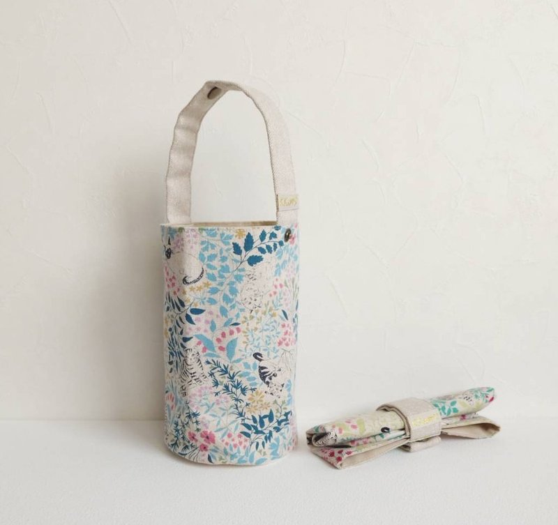 【BDR/饮料提袋】花园猫咪 水蓝 里布防泼水 日本帆布  扣式收纳 - 随行杯提袋/水壶袋 - 棉．麻 蓝色