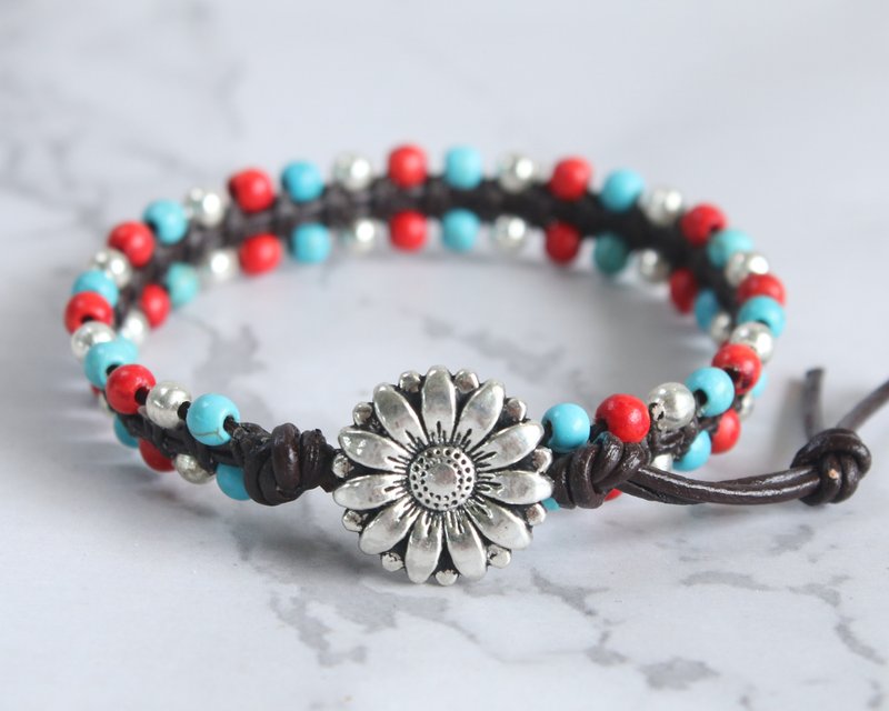 Turquoise Red Coral Leather Daisy Flower Bracelets For Women Best Friends Gift - 手链/手环 - 真皮 蓝色
