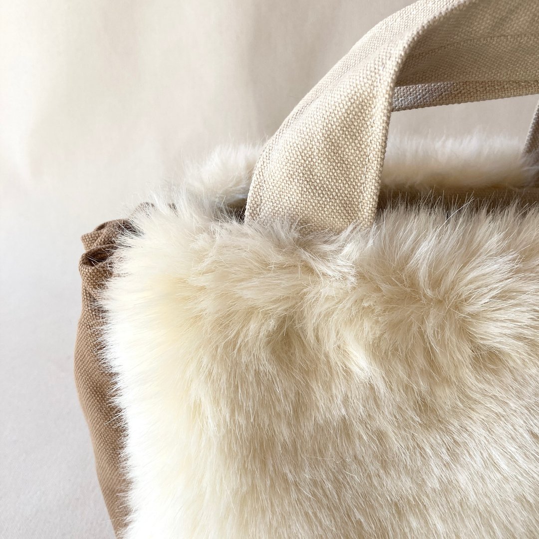 A/W limited Gathered Tote Bag　eco fur canvas　Mini　Ivory　Dark beige - 手提包/手提袋 - 压克力 咖啡色