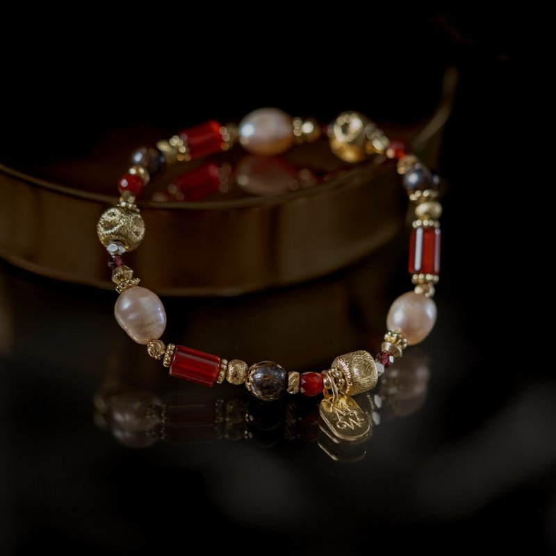 城市之红 I 珍珠红玉髓金铜石手链 C1675 - 手链/手环 - 宝石 