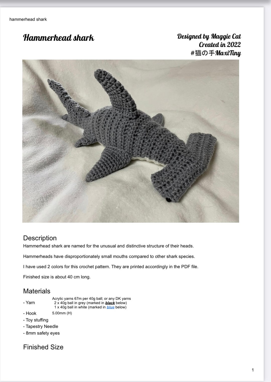 【Digital】Crochet Sea Creatures Hammerhead Shark Amigurumi pattern - 手工艺教程/工具书 - 其他材质 