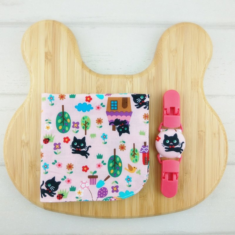 跳跳小黑猫。双面纯棉手帕 + 手帕夹 (可加价40绣名字) - 围嘴/口水巾 - 棉．麻 粉红色