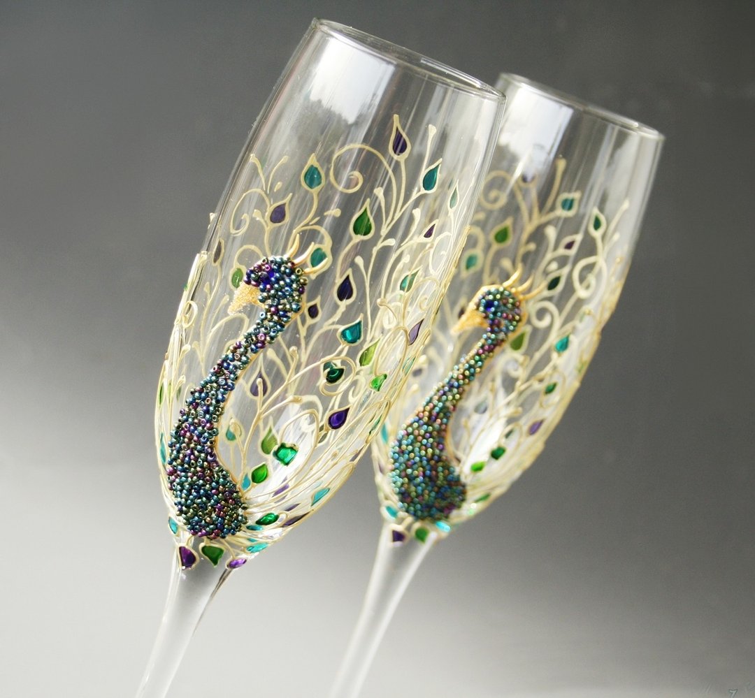 Champagne Wedding Glasses Peacock Glasses Feather Wine Glasses Hand Painted Set - 酒杯/酒器 - 玻璃 多色