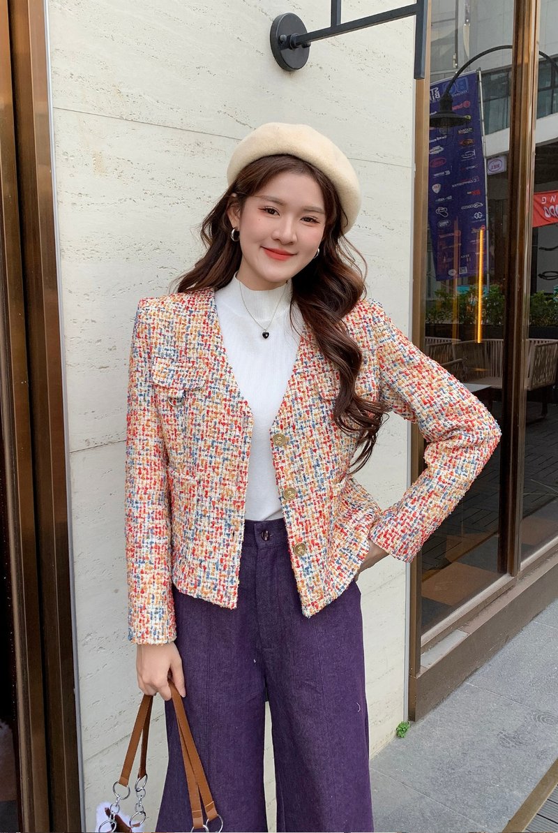 Nega C.复古V领Tweed Jacket| 复古橙色| 无弹|有里衬 - 女装休闲/机能外套 - 聚酯纤维 橘色