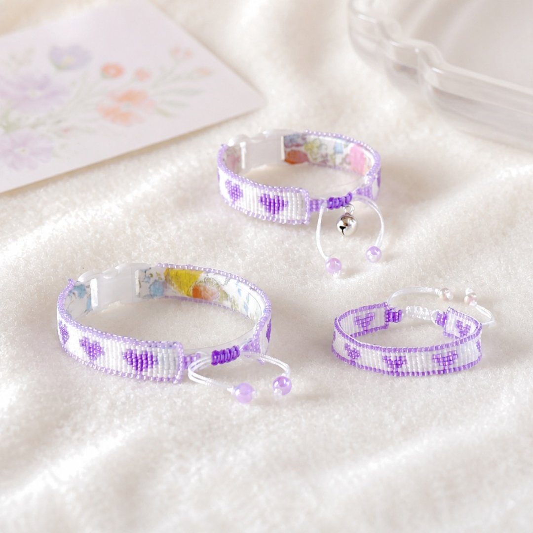 【与爱猫同款】夏日刨冰葡萄心形珠饰编织猫用项圈与手链 Matching Cat Collar and Bracelet - 项圈/牵绳 - 棉．麻 紫色