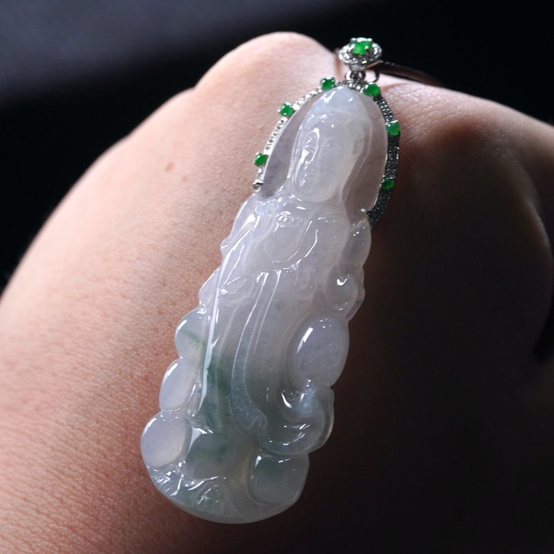冰种飘花翡翠宝瓶观音菩萨项链 18K金钻石| 天然缅甸玉A货| 送礼 - 项链 - 玉石 多色