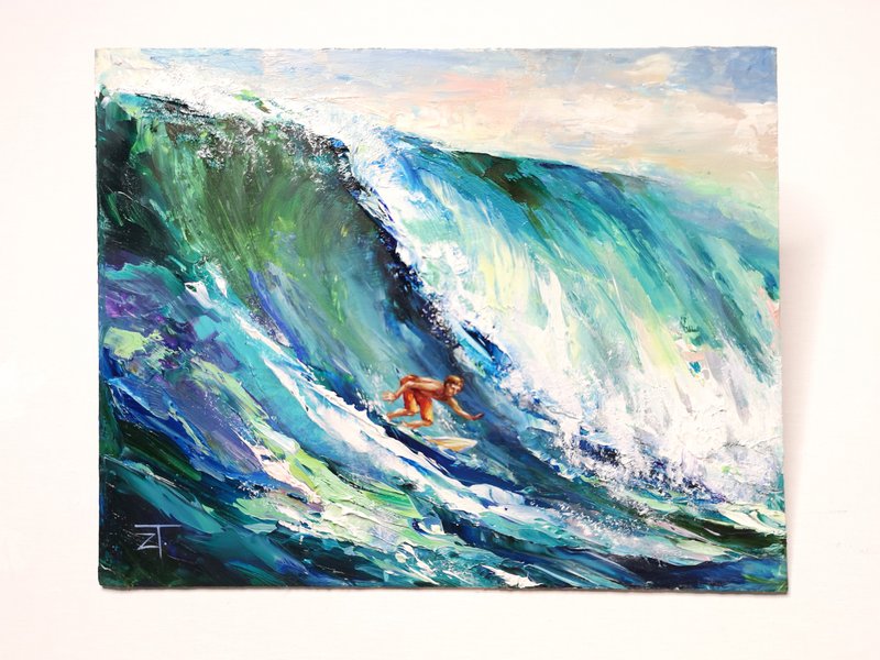 Painting Original Art Surfer Seascape on Cardboard 22x28cm. - 海报/装饰画/版画 - 其他金属 