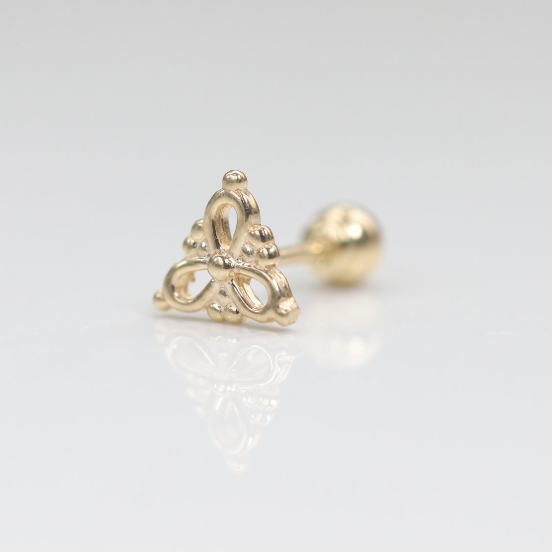 14K 金三角图腾锁珠耳环(单个)耳骨 耳窝 不退色 - 耳环/耳夹 - 贵金属 金色