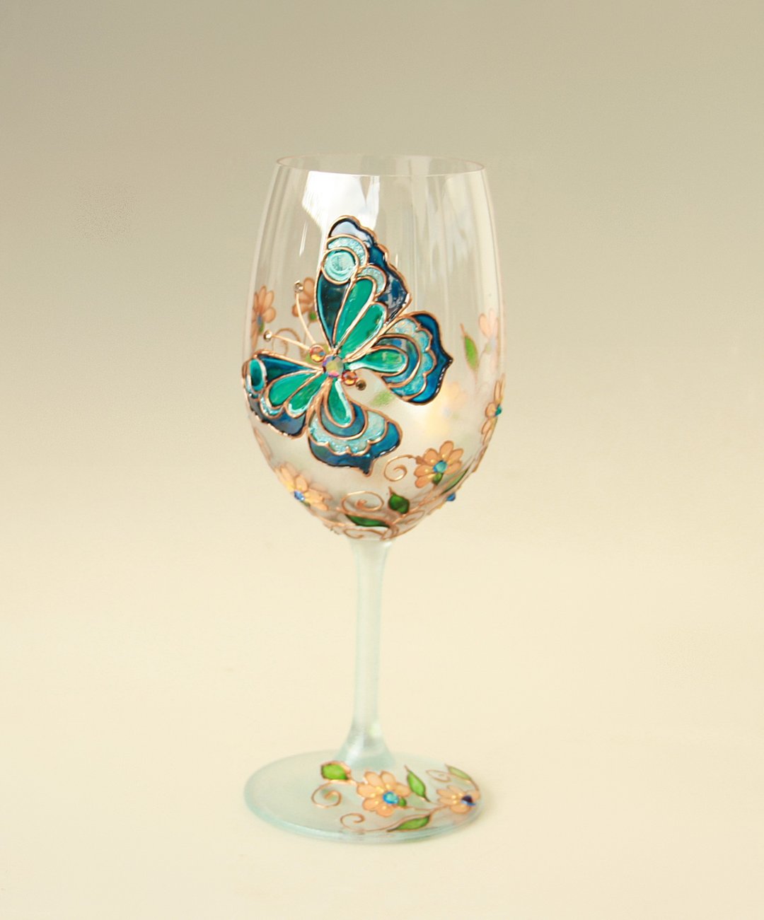 Blue Butterfly Wine Glass Swarovski Crystals, hand-painted - 酒杯/酒器 - 玻璃 多色