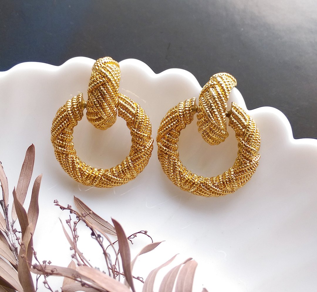 Vintage Jewelry 西洋古董饰品 金色调 垂坠 编绳 针式耳环 - 耳环/耳夹 - 其他金属 金色