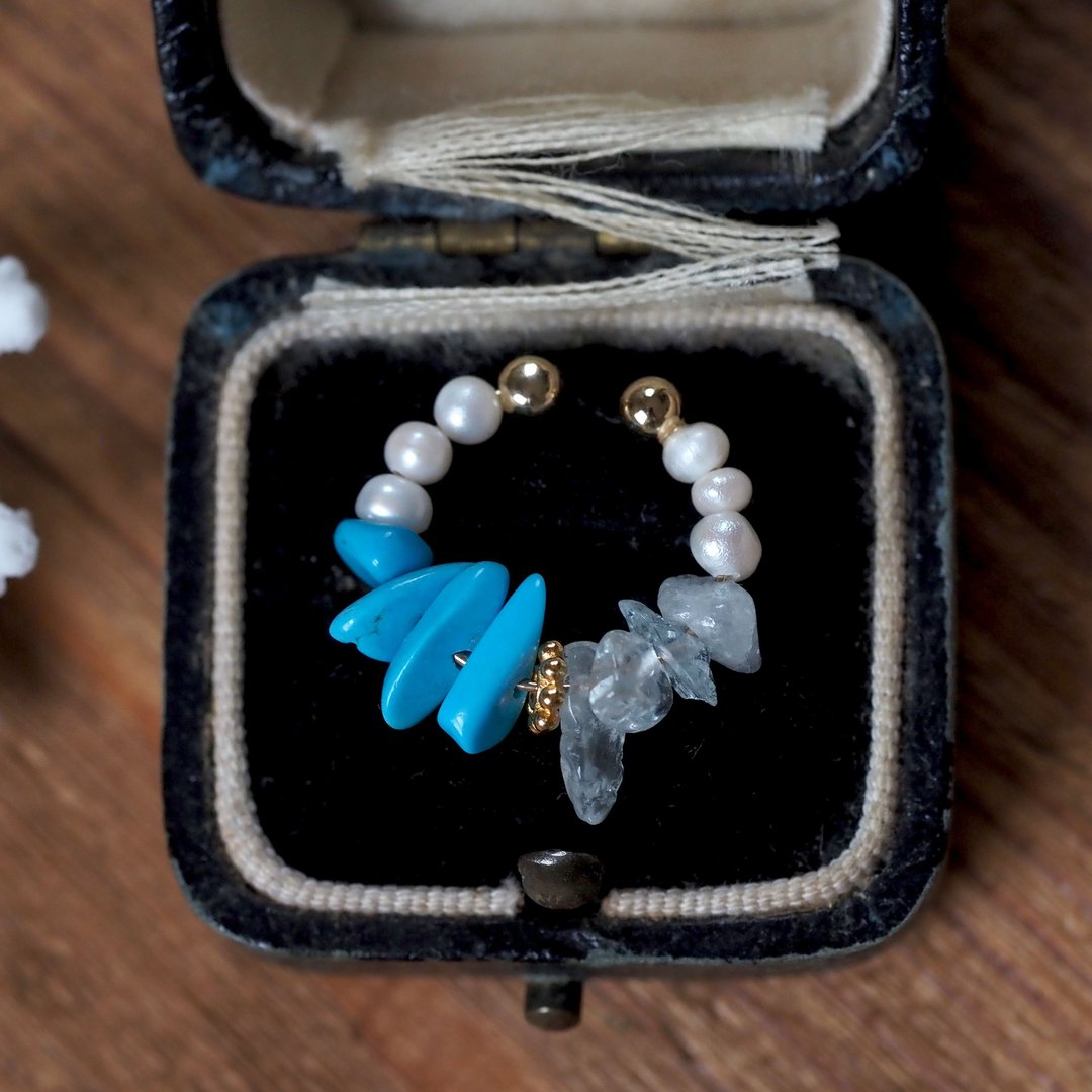 | 2way | Turquoise x aquamarine x freshwater pearl ear cuffs | EC47 - 耳环/耳夹 - 半宝石 蓝色