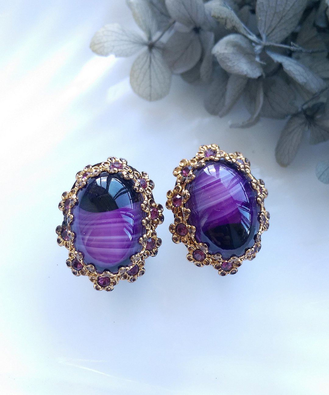 Vintage Jewelry 西洋古董饰品 日本制 优雅 紫钻 紫纹 夹式耳环 - 耳环/耳夹 - 其他金属 金色