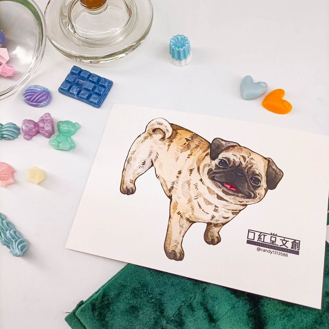 KR474_口紅堂明信片_巴哥犬6_candy1313588 postcard - 卡片/明信片 - 纸 多色