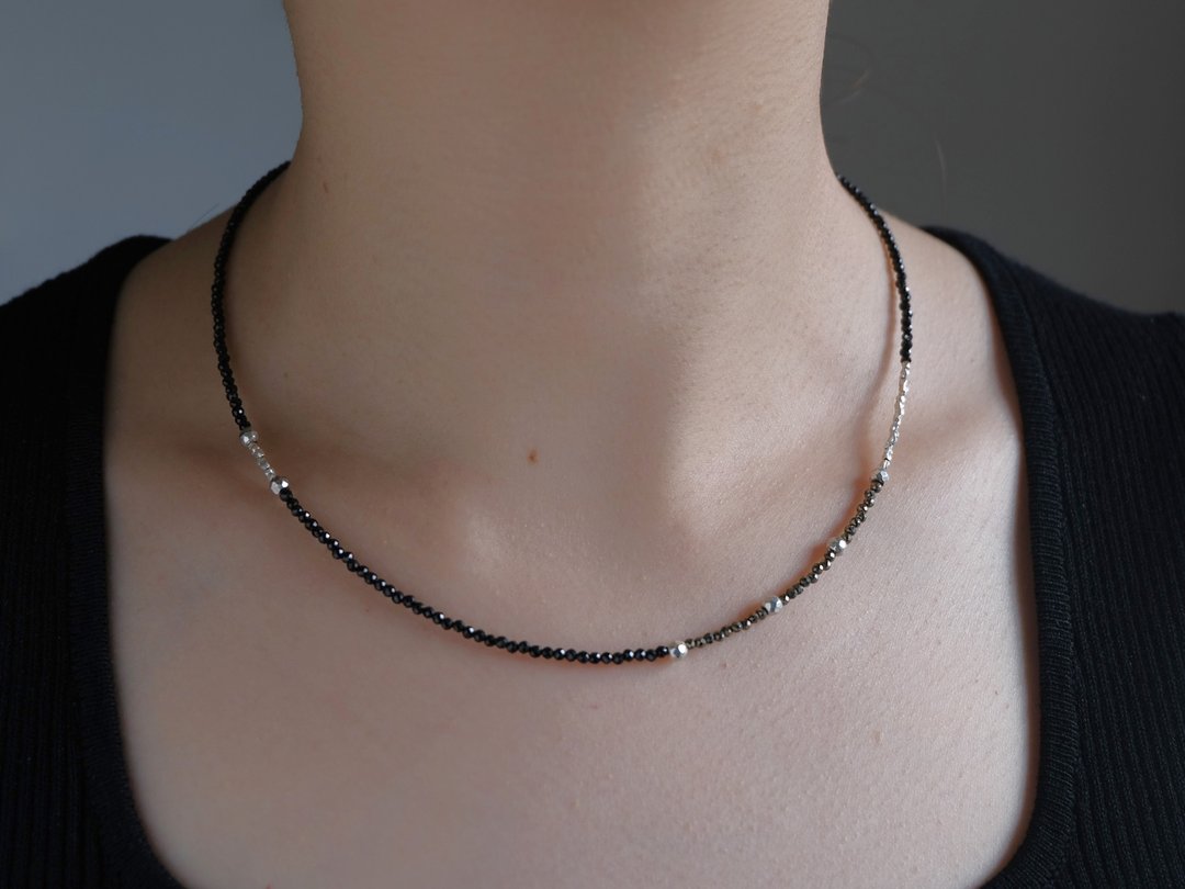 svart og pýrít necklace 天然石黑尖晶石 黄铁矿 / 纯银 串珠 - 项链 - 宝石 黑色