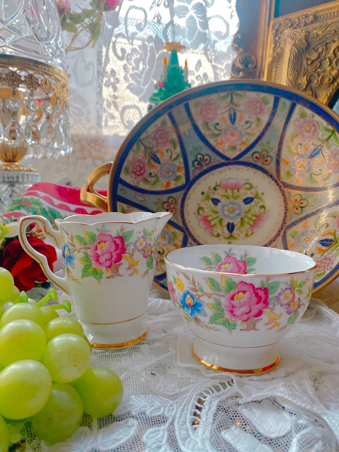 1940年英国制Royal Stafford骨瓷手绘牡丹花奶壶糖碗两件组库存品 - 茶具/茶杯 - 瓷 多色