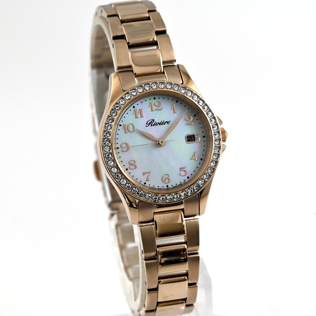 CITIZEN Riviere 女仕太阳能腕表 E011-R012193 镶钻表圈 白色珍珠母贝表盘 金色表带 - 女表 - 不锈钢 