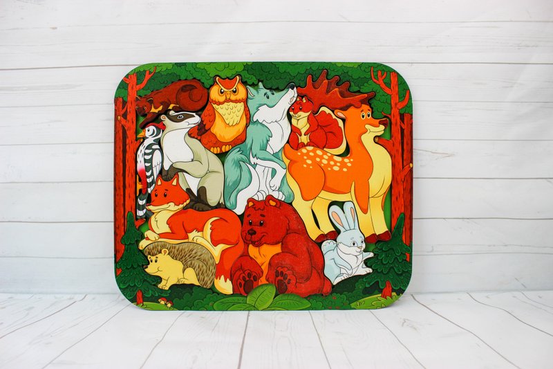 Wooden Puzzle - wild forest animals, Montessori toddler learning toy for 2 3 4 5 - 玩具/玩偶 - 木头 金色