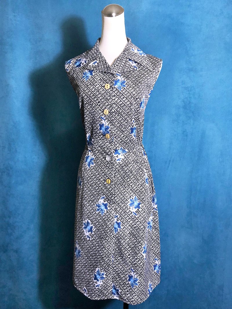 蓝色花朵无袖古着洋装/ 国外带回 VINTAGE - 洋装/连衣裙 - 聚酯纤维 白色