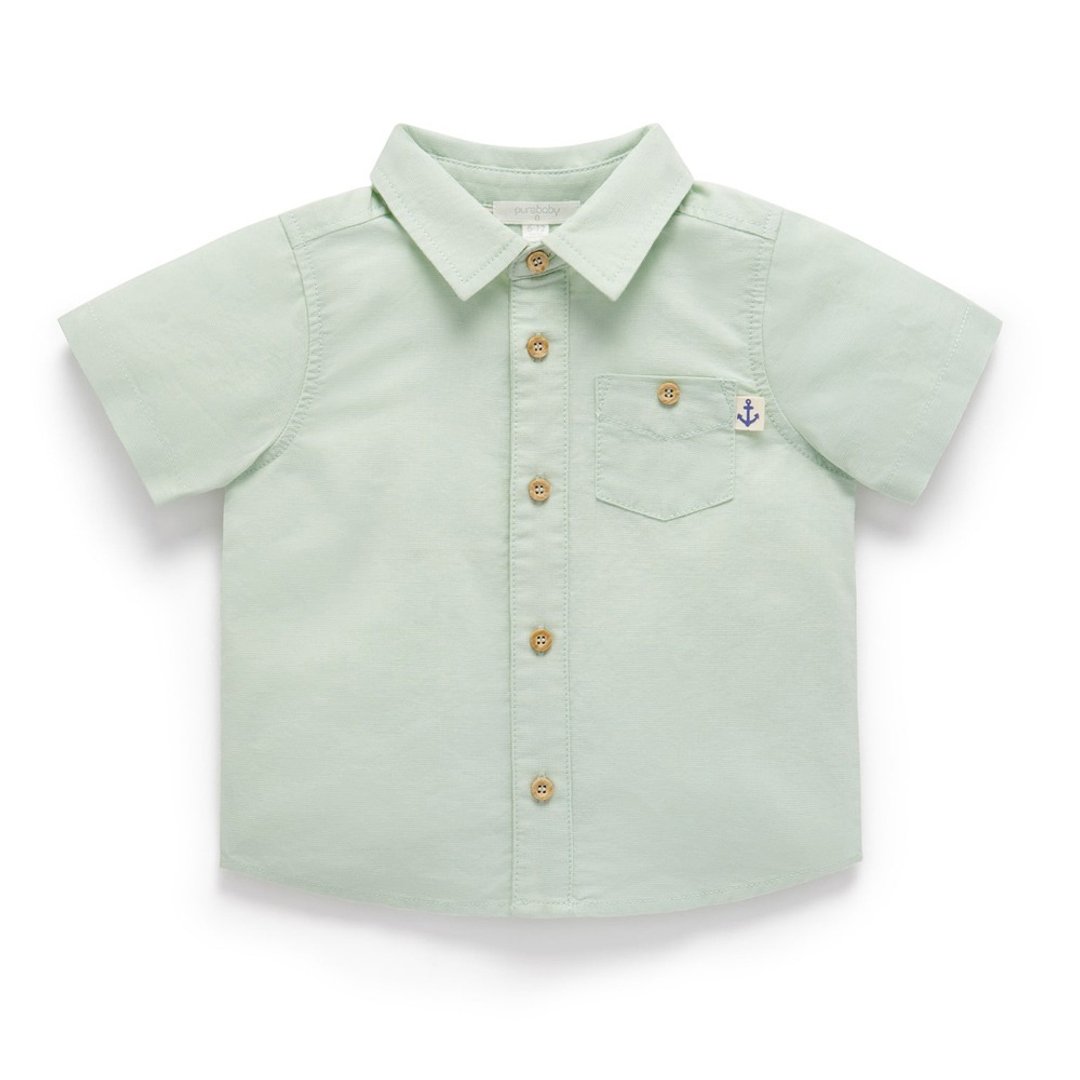澳洲Purebaby有机棉男童短袖衬衫12M-4T 浅绿亚麻 - 童装上衣 - 棉 