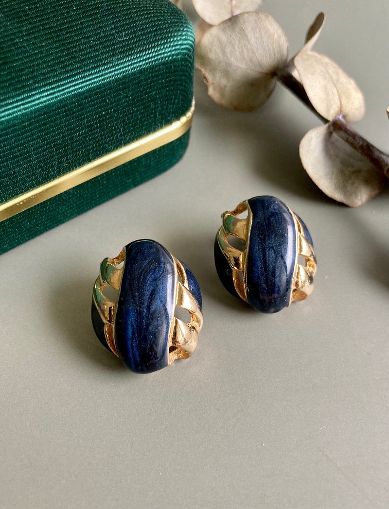 经典复古 美国蔚蓝金色款珐琅 耳针耳环 - 耳环/耳夹 - 珐琅 