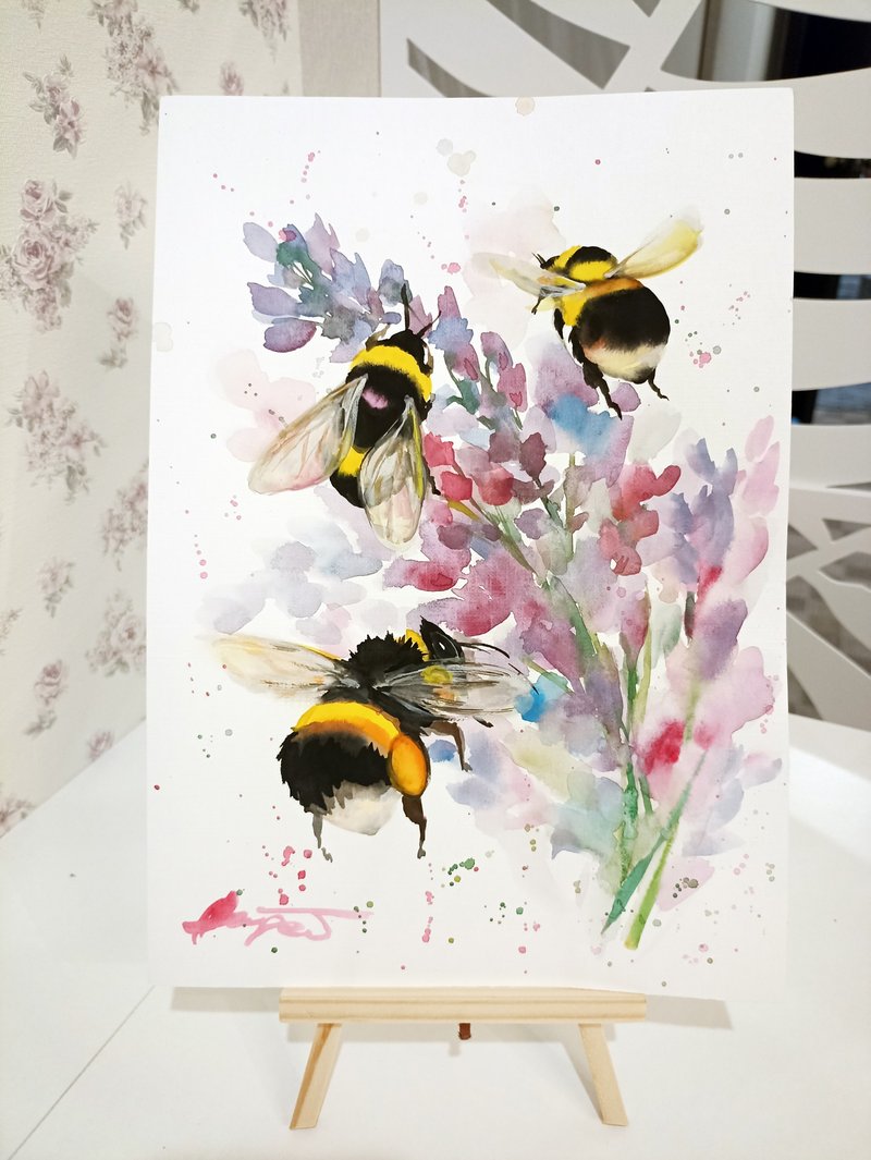 Watercolor original 3 bumblebee room decor bee painting by Anne Gorywine - 墙贴/壁贴 - 纸 多色