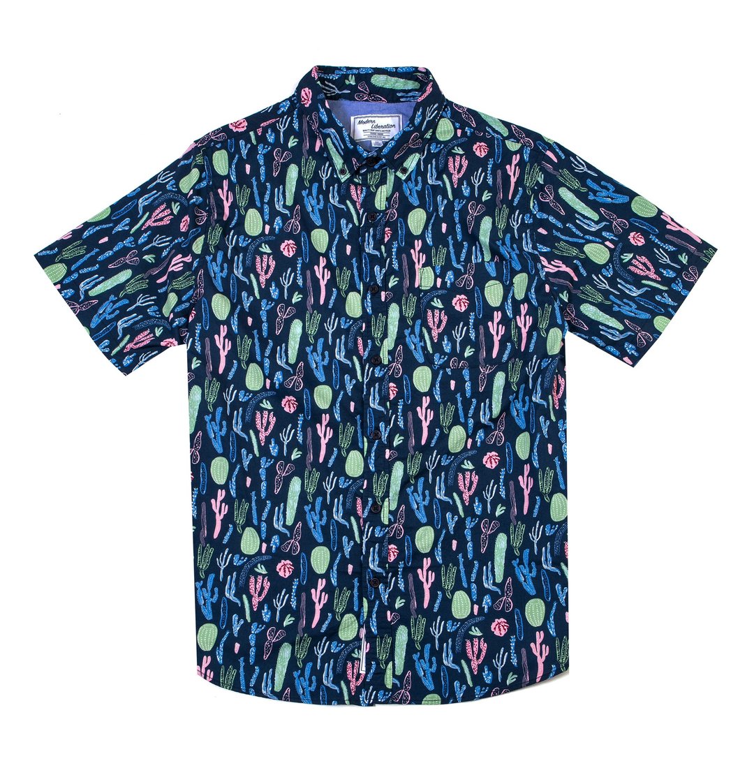 Cactus Print Shirt 仙人掌印花衬衫 - 深蓝 - 男装衬衫 - 棉 蓝色