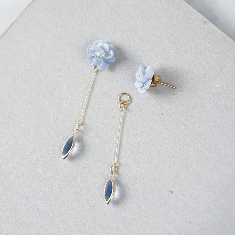 山茶花两用垂坠水晶耳环耳夹 手工黏土裱花 可定制 - 耳环/耳夹 - 粘土 蓝色