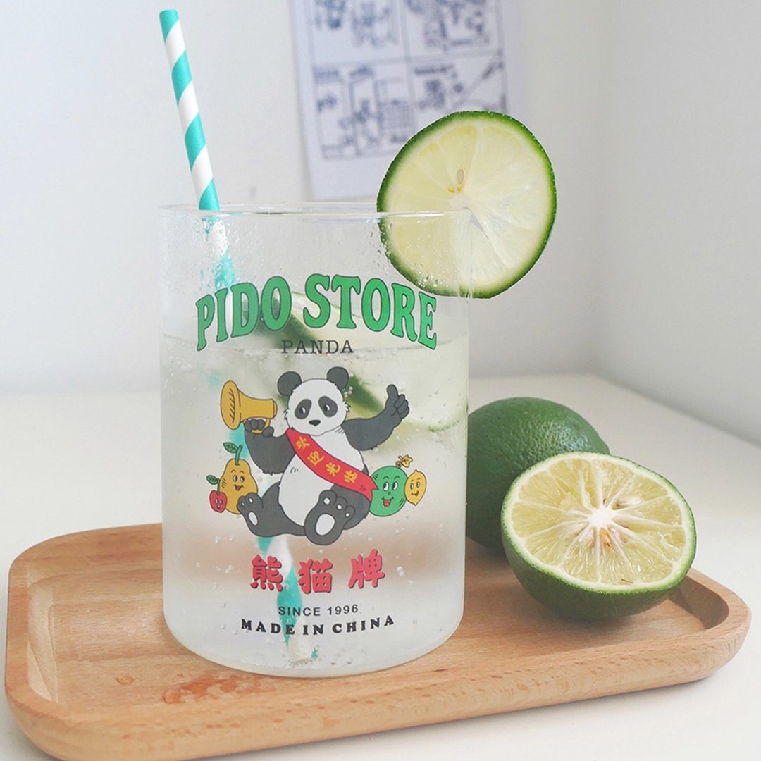 复古熊猫杯 大容量玻璃杯 清新气泡水 - 玻璃杯 - 玻璃 绿色