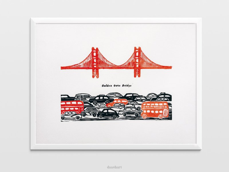 金门大桥油毡版画红色和黑色汽车原创艺术品 - 海报/装饰画/版画 - 纸 红色