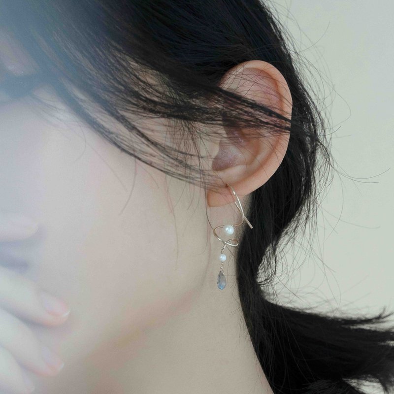 新年开运【品牌设计款】14K金线蕨拉长石 天然珍珠 耳环 - 耳环/耳夹 - 半宝石 金色