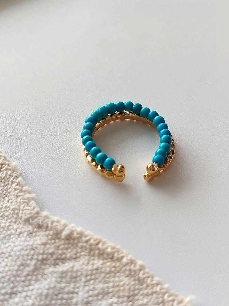 原创手工优化天然绿松石串珠碎银子镀金戒指高保色高级时尚感尾戒 - 戒指 - 玉石 蓝色