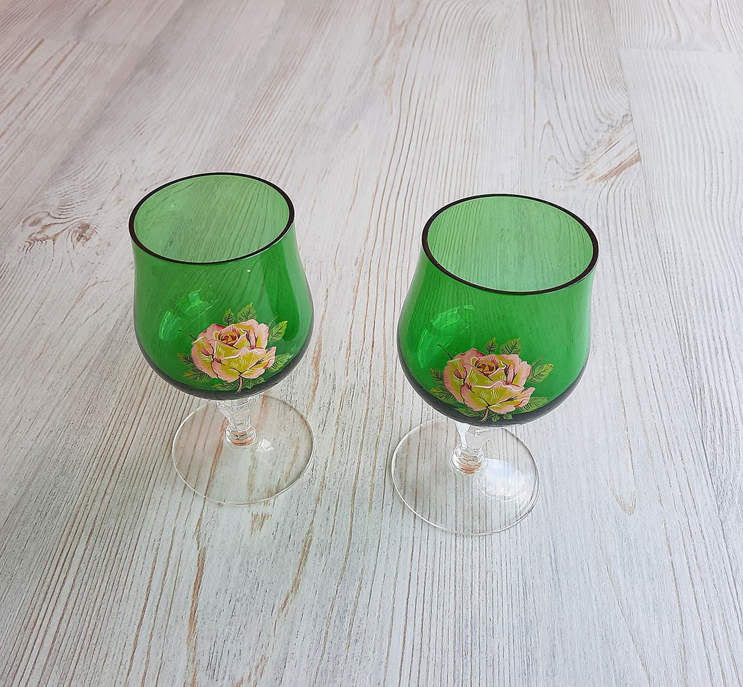 Soviet green cognac glass vintage - Rose decor pair alcoholic glasses - 酒杯/酒器 - 玻璃 绿色
